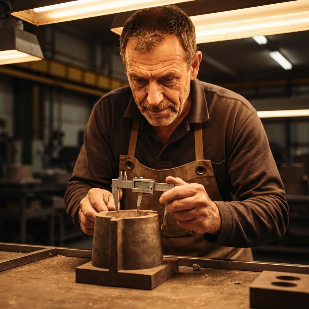 Ironbound Castings foundry craftsman inspecting a bronze casting